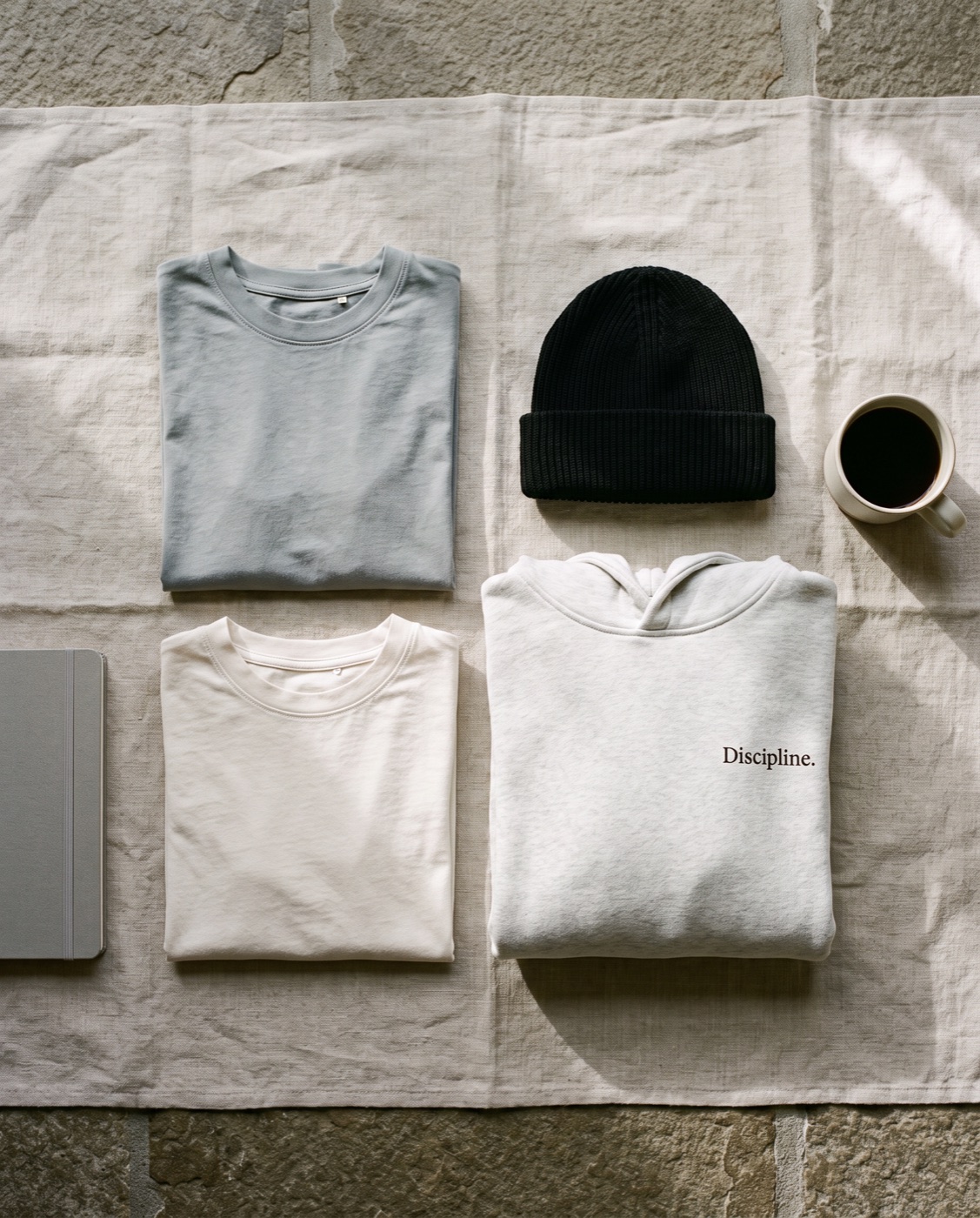 The four pieces folded on linen with coffee and a notebook
