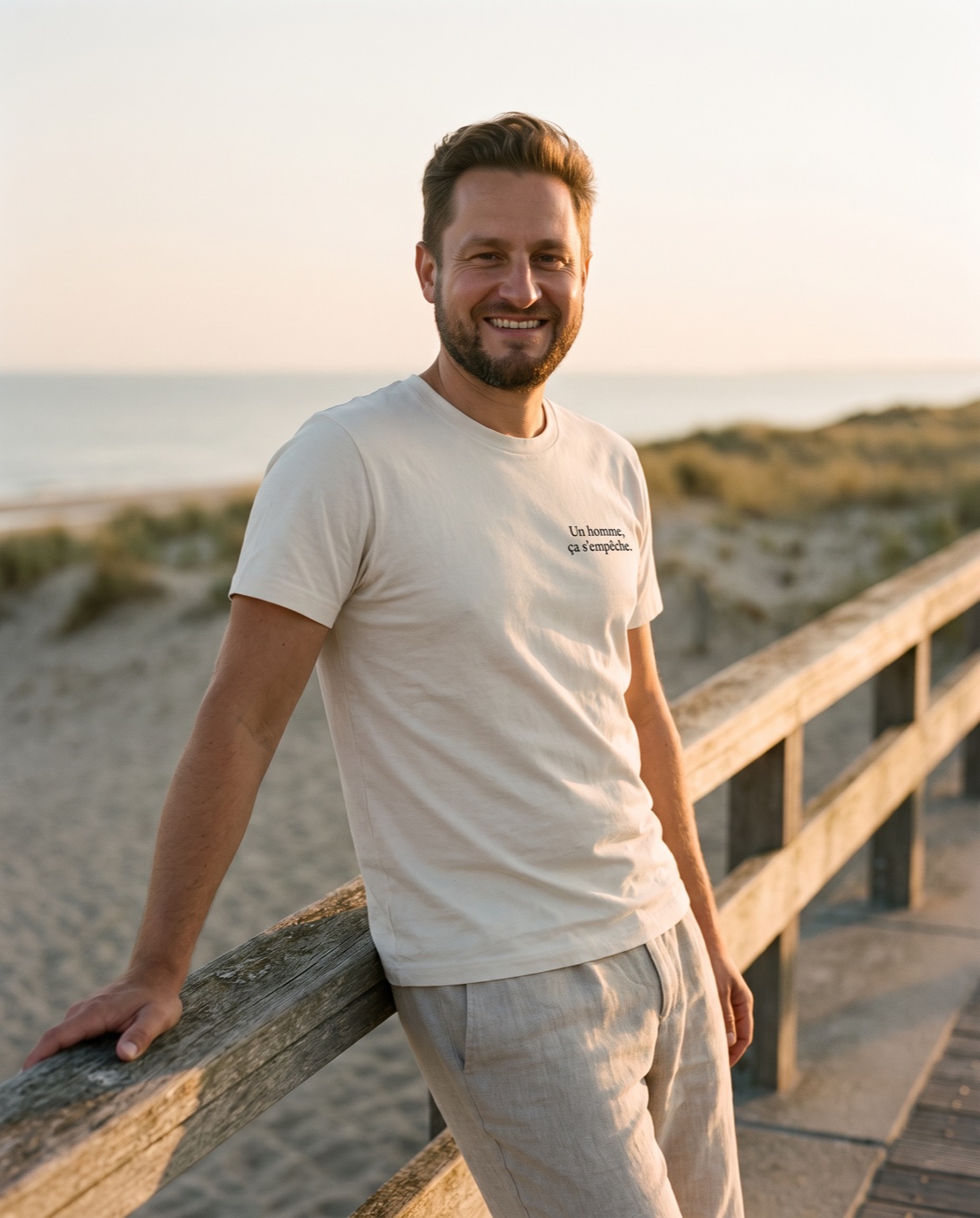 Yves Benini at the coast in the Classic Tee in Natural Raw with the Camus line
