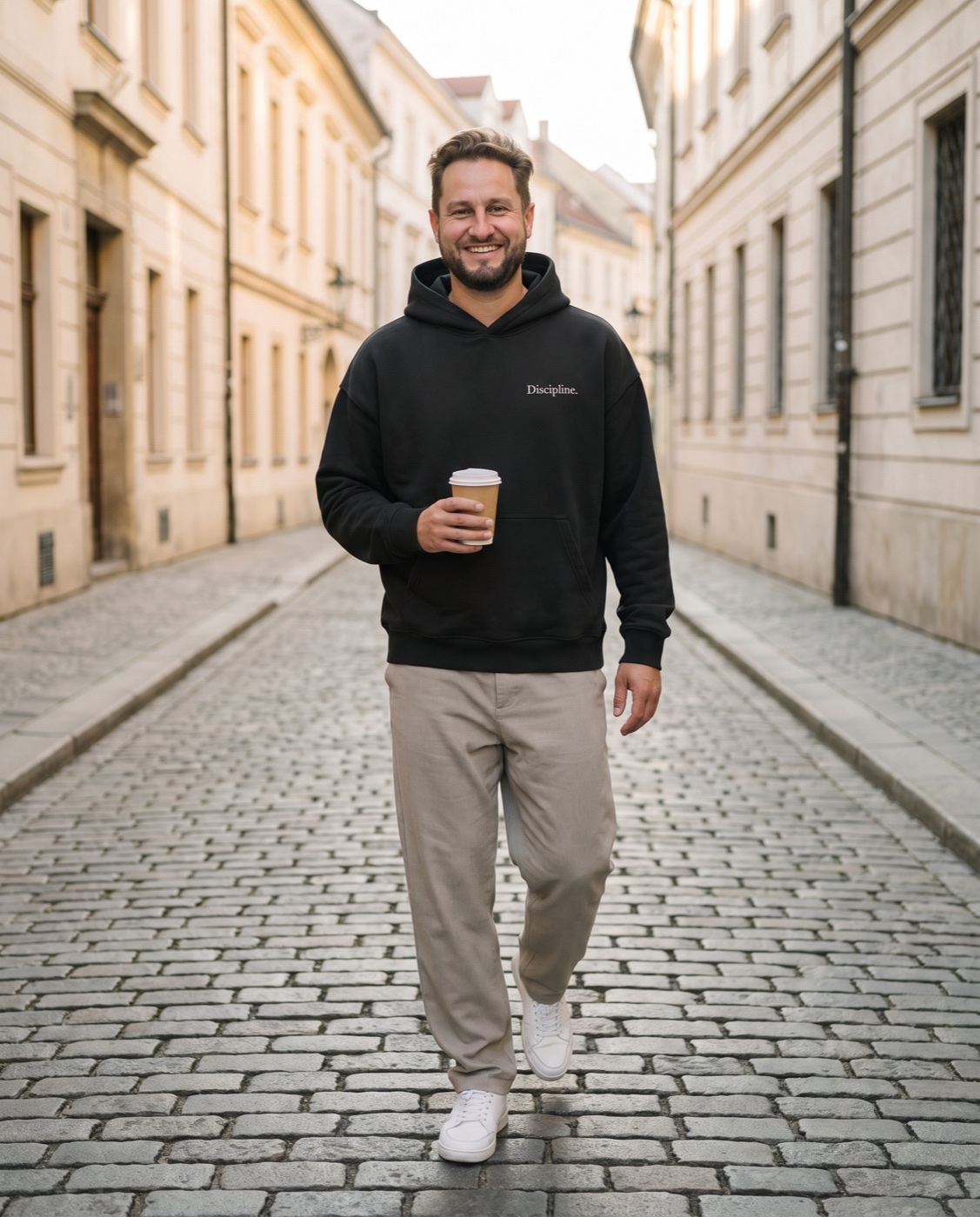 Yves Benini walking through an old-town street in the black Oversized Hoodie, coffee in hand