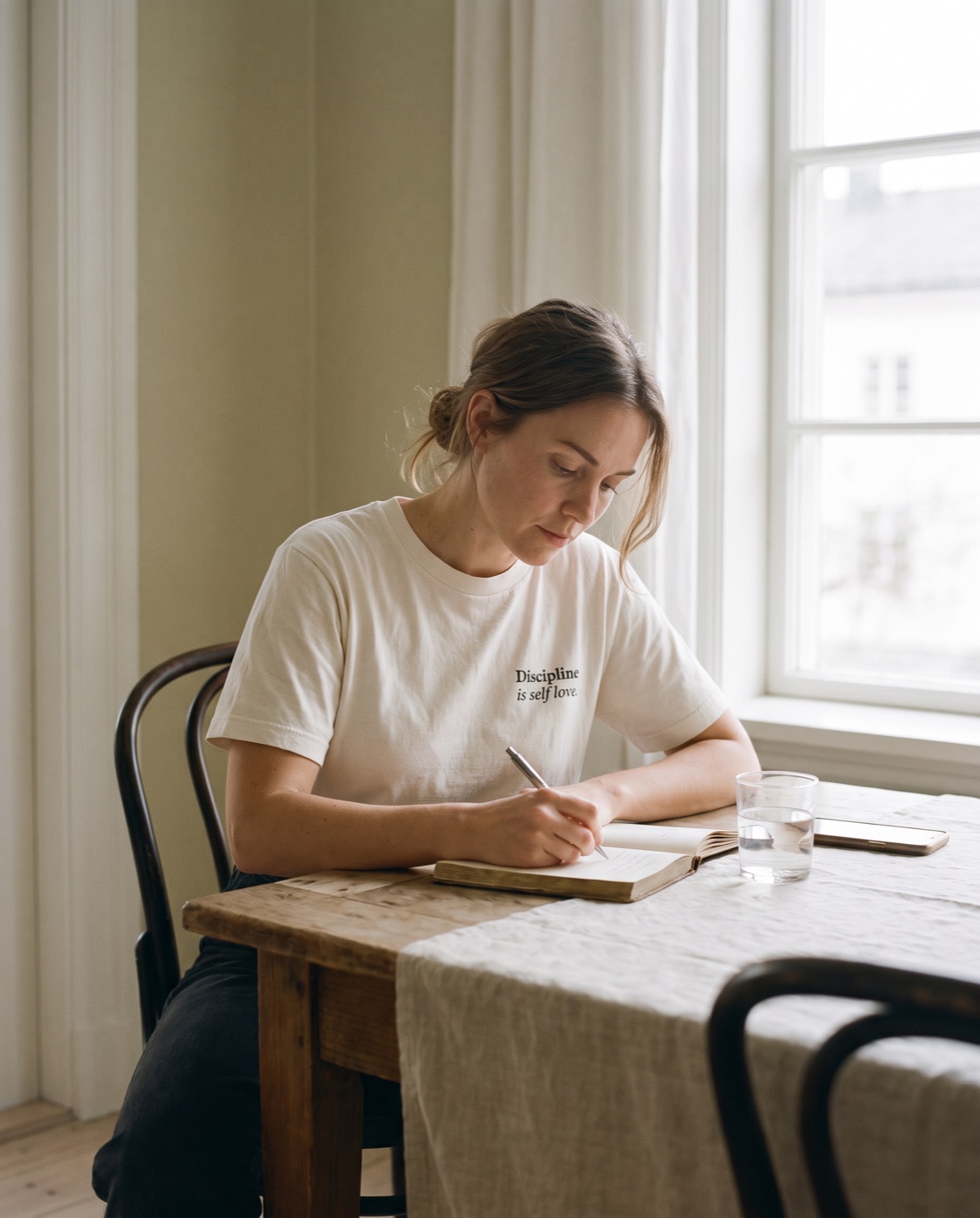 Woman journaling by a window in the Classic Tee
